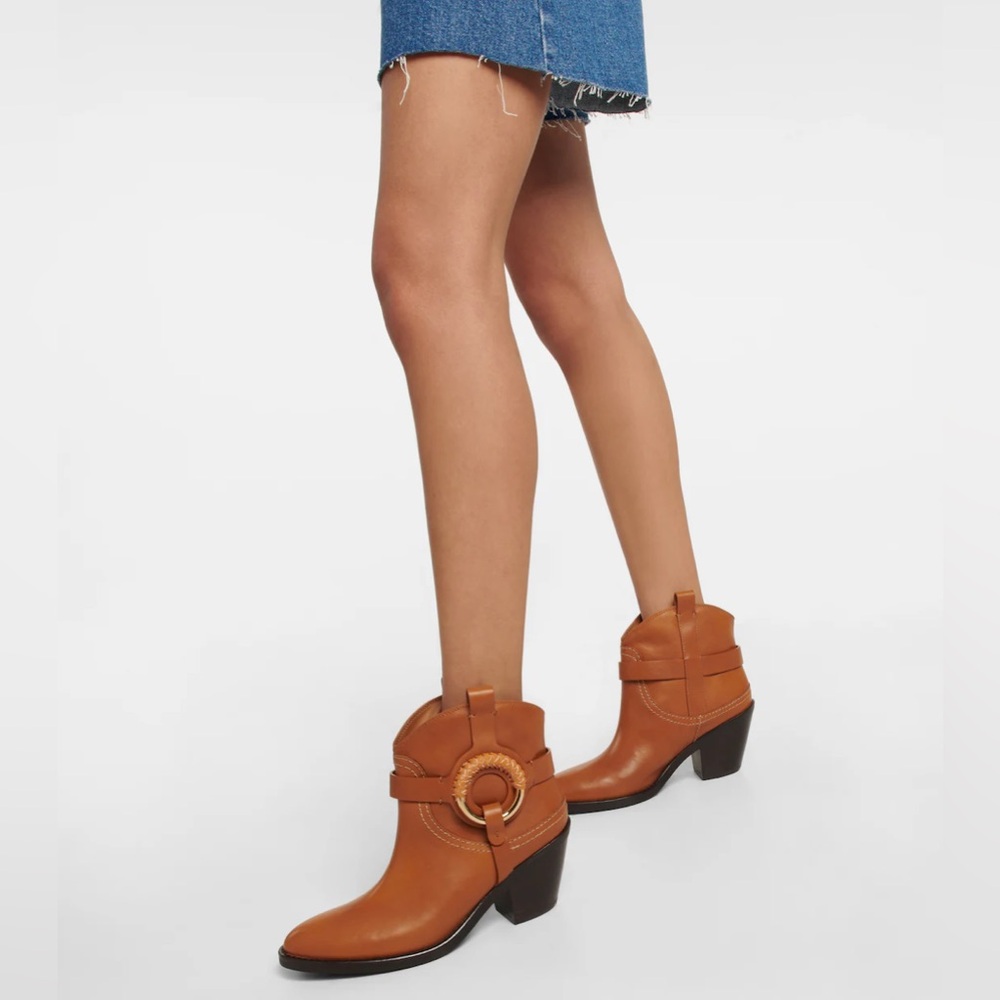 NEW See by Chloé Hana 80mm Western Leather Boots In Tan Size 36.5